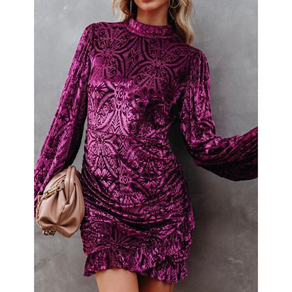 Vici High Neck Purple MIni Cocktail Dress Ruched Velvet Open Back Long Sleeve M - Picture 12 of 12